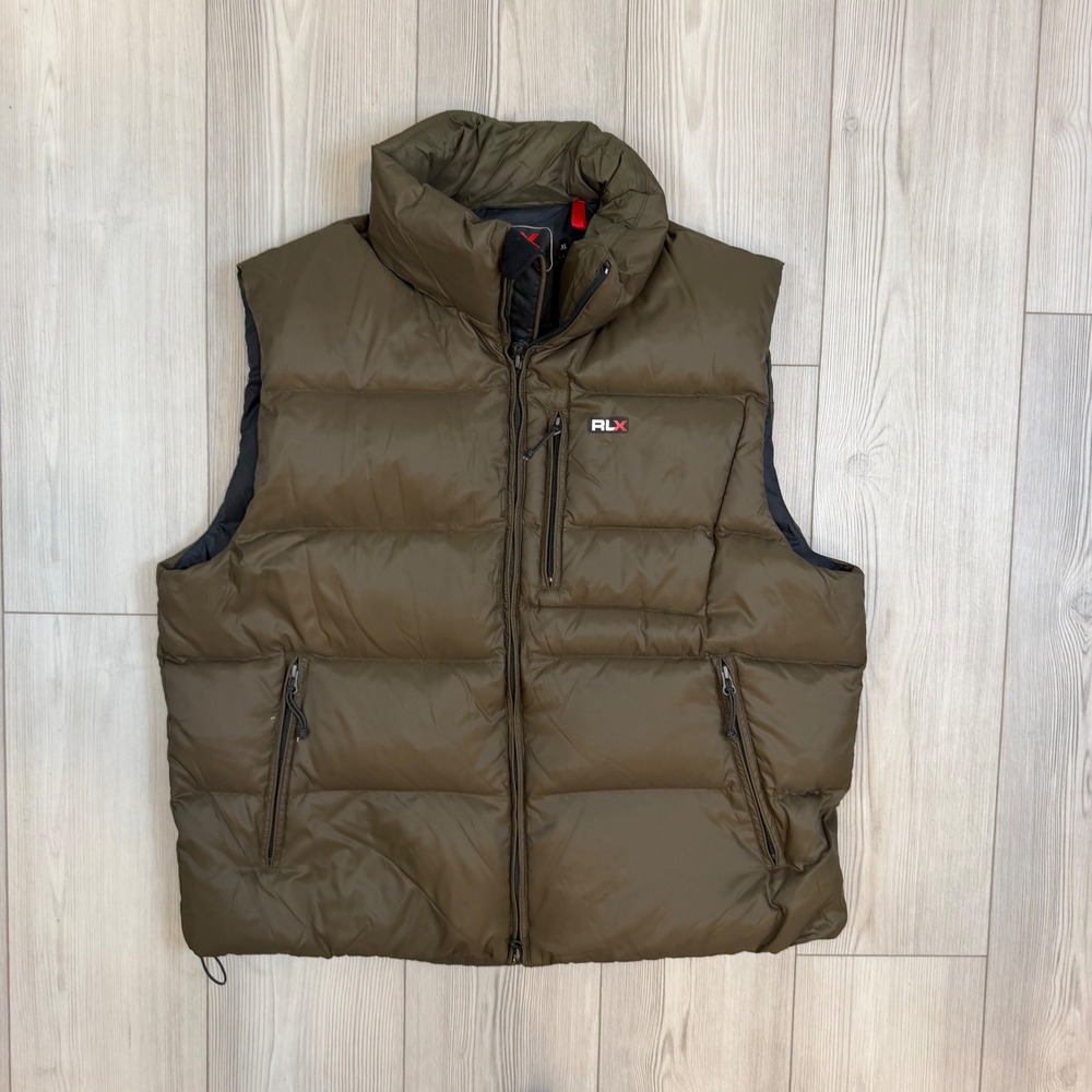 RLX Ralph Lauren Mens XL Olive Brown Down Puffer Vest Full Zip Quilted Outerwear